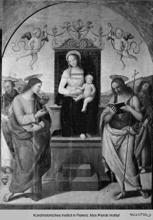 Madonna mit Kind umgeben von den Heiligen Johannes der Täufer, Joahnnes der Evangelist, Petrus Martyr und dem Seeligen Giacomo da Villa