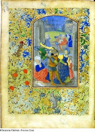 Horarium latinum, genannt Dresdner Gebetbuch : Illuminierte Seite mit Bethlehemitischem Kindermord. Blatt 67 aus: Horarium latinum (Stundenbuch), genannt Dresdner Gebetbuch. Niederländisch, um 1500. Wasserfarben auf Pergament; 13,5 x 9,5 cm. Dresden: SLUB Mscr.Dresd.A.311