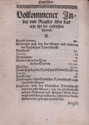 Volkommener Index und Register über das erste thil der Hessischen Chronic.
