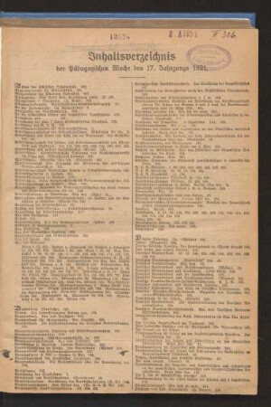 Inhaltsverzeichnis der Pädagogischen Woche des 17. Jahrganges 1921
