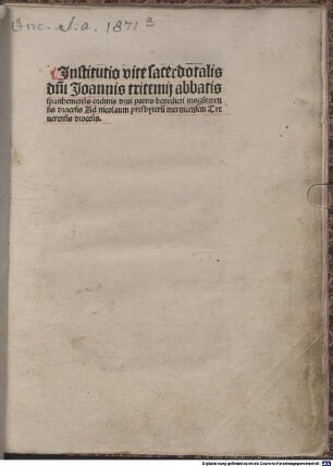Institutio vitae sacerdotalis : gewidmet Nicolaus Mernicensis. Mit Brief an Nicolaus Mernicensis von Thomas Ruscher, 22.10.1494