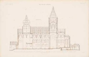 Abteikirche, Essen-Werden: Längsschnitt (aus: Atlas zur Zeitschrift für Bauwesen, hrsg. v. G. Erbkam, Jg. 7, 1857)