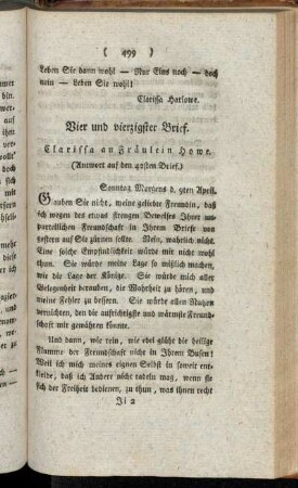 Vier und vierzigster Brief. Clarissa an Fräulein Howe. - Acht und vierzigster Brief. Fräulein Howe an Clarissa.