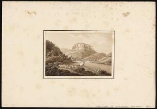 Ansicht der Stadt und Festung Königstein, mit Treidler sepiagetönte Umrissradierung, um 1821 : Zingg, Adrian : Stadt und Festung Königstein / [gefertigt von Adrian Zingg?]. - [S.l.] , [ca. 1821]. - 1 Kunstbl. : sepiagetönte Umrißradierung ; 15 x 10 cm. - in SKD gleiches Blatt mit A. Zingg beschriftet.