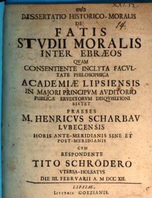 Dissertatio hist.-moralis de fatis studii moralis inter Ebraeos
