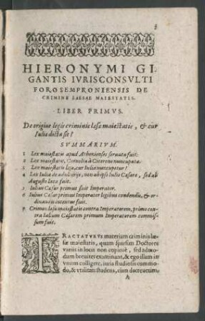 Hieronymi Gigantis ... De Crimine Laesae Maiestatis. Liber Primus.