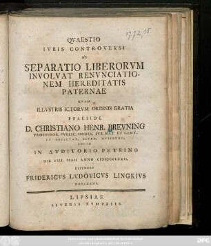 Qvaestio Ivris Controversi An Separatio Liberorvm Involvat Renvnciationem Hereditatis Paternae