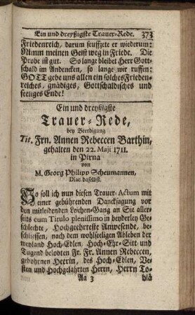 Ein und dreyßigste Trauer-Rede.