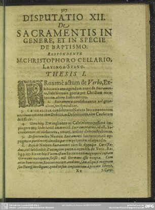 Disputatio XII. De Sacramentis In Genere, Et In Specie De Baptismo