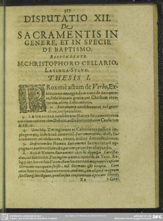 Disputatio XII. De Sacramentis In Genere, Et In Specie De Baptismo