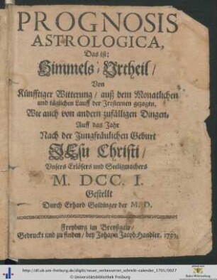 Prognosis Astrologica, Das ist Himmels-Urtheil.