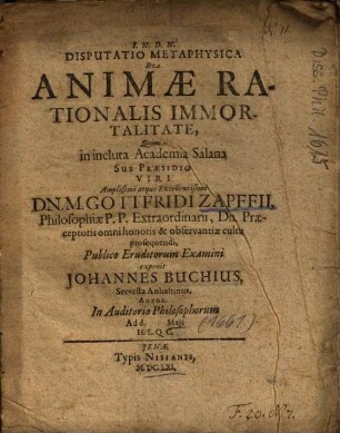 Disputatio Metaphysica De Animae Rationalis Immortalitate