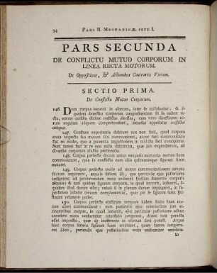 Pars Secunda. De conflictu mutuo corporum in linea recta motorum.