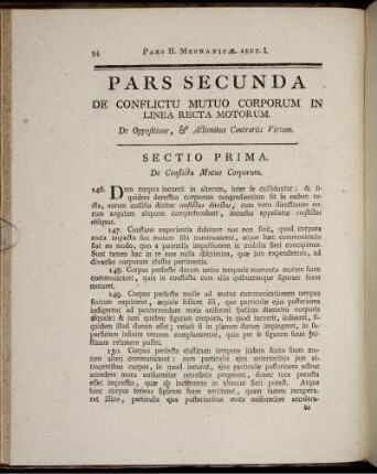 Pars Secunda. De conflictu mutuo corporum in linea recta motorum.