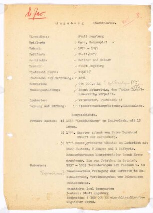 Stadttheater, Augsburg: Schriftstück zum Fragebogen für das Handbuch »Das Deutsche Theater«