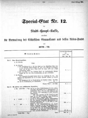 1869,30: Special-Etat Nr. 12 der Stadt-Haupt-Kasse, betreffend die Verwaltung des Cöllnischen Gymnasiums und dessen Neben-Fonds pro 1870-72