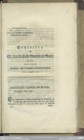 Hochwürdigster Erzkanzler und Kurfürst, Gnädigster Herr, Herr!