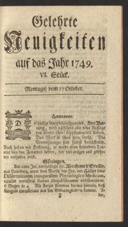Gelehrte Neuigkeiten auf das Jahr 1749. VI. Stück. Montags, vom 27 October.