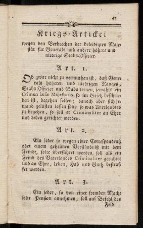 Kriegs-Artickel wegen den Verbrechen der beleidigten Majestät für Generals und andere höhe und niedrige Stabs-Officier.