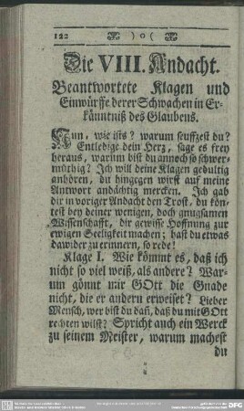 Die VIII. Andacht. Beantwortete Klagen und Einwürffe derer Schwachen in Erkänntniß des Glaubens