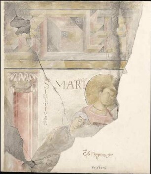 Goldbach St. Sylvester-Kapelle Heiliger Marcianus mit der Kirchenstifterin IHLTEPUR(G) auf der Ostwand des Kirchenschiffes