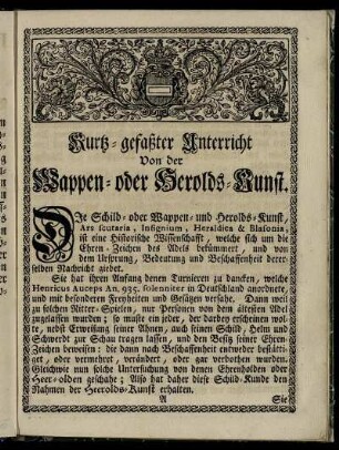 Kurtz- gefaßter Unterricht Von der Wappen- oder Herolds- Kunst.