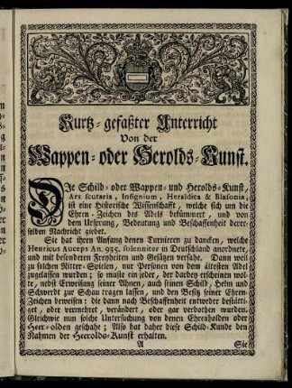 Kurtz- gefaßter Unterricht Von der Wappen- oder Herolds- Kunst.