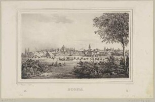 Stadtansicht von Borna bei Leipzig von Südwesten mit der Stadtkirche St. Marien, dem Rathaus und dem Reichstor, aus Sommers Vaterland der Sachsen Bd. 2, 1842