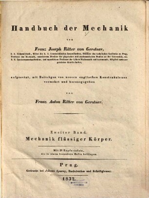 Handbuch der Mechanik, 2[,1]. Mechanik flüssiger Körper