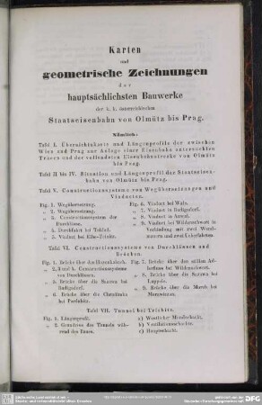 Karten und geometrische Zeichnungen der hauptsächlichsten Bauwerke der k. k. österreichischen Staatseisenbahn von Olmütz bis Prag