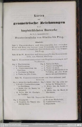Karten und geometrische Zeichnungen der hauptsächlichsten Bauwerke der k. k. österreichischen Staatseisenbahn von Olmütz bis Prag