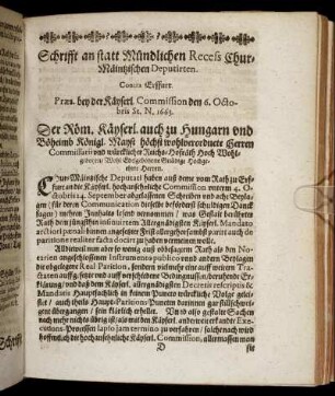 Schrifft an statt Mündlichen Recess Chur-Mäntzischen Deputirten.