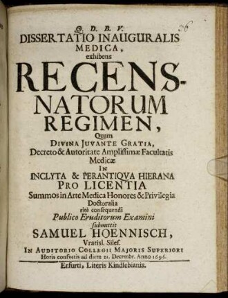 Dissertatio Inauguralis Medica, exhibens Recens-Natorum Regimen