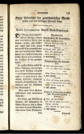 Kurze Uebersicht der gewöhnlichsten Brechmittel und der nöthigen Formeln dazu.