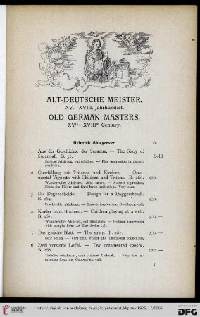 Alt-Deutsche Meister XV.-XVIII. Jahrhundert / Old German Masters XVth-XVIIIth Century (Nr. 1-188)