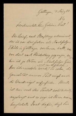 16: Brief von Richard Schröder an Gottlieb Planck, Göttingen, 7.3.1888