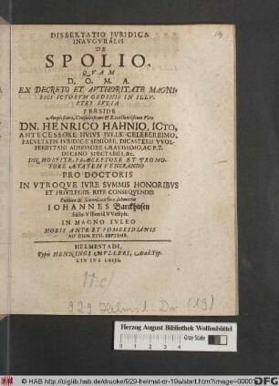 Dissertatio Iuridica Inauguralis De Spolio