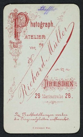 Porträt Wilhelm Scheffler : Foto-/Bildersammlung Stenografische Sammlung. Porträt Wilhelm Scheffler. Photographie. Carte de visite (um 1877; R. Müller). Dresden: SLUB P a 0511