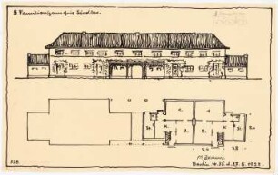 Musterhäuser für Kleinsiedlungen: 5-Familienhaus Vorderansicht, 2 Grundrisse