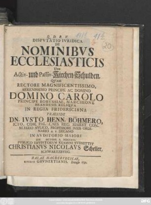 Dispvtatio Ivridica De Nominibvs Ecclesiasticis : Von Activ- und Passiv-Kirchen-Schulden