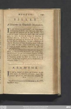Billet A Madame la Duchesse Mazarin.