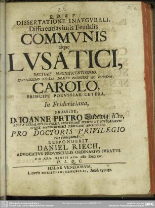Dissertatione Inaugurali, Differentias iuris Feudalis Communis atque Lusatici