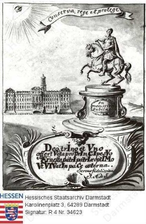 Ernst Ludwig Landgraf v. Hessen-Darmstadt (1667-1739) / Titelblatt eines Huldigungsgedichts zum 50. Regierungsjubiläum von Landgraf Ernst Ludwig, mit Reiterstandbild und Schloss in Darmstadt