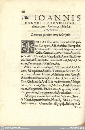 Ioannis Honter Coronensisrudimentorum Cosmographiae Liber Secundus.