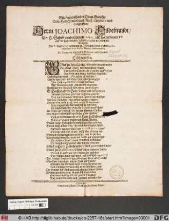 Glückwünschendes Ehren-Gedichte/ Dem HochEhrwürdigen Groß- Achtbarn und Hochgelahrten/ Herrn Joachimo Hildebrandt/ der H. Schrifft weitberühmten Doctori, und wolverdienten P.P. auff der hoch-löblichen Julius-Universität in Helmstädt : Als derselbe Am V. Tage des Hewmonats ... 1659. Magnificus Vice-Rector öffentlich benennet würde