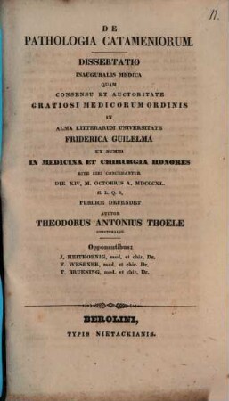 De pathologia Catameniorum : diss. inaug. med.