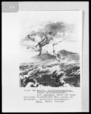 Beuth auf Pegasus bläst Seifenblasen über seiner Fabrikstadt