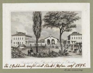 Ansicht vom Alten Leipziger Bahnhof in Dresden, Radierung, 1840 : Bahnhof d. Leipz. Dresd: Eisenbahn zu Dresden. - Dresden : Otto u. Lehmann, [ca. 1840]. - 1 Kunstblatt : Radierung ; 11,08 x 7,3 cm