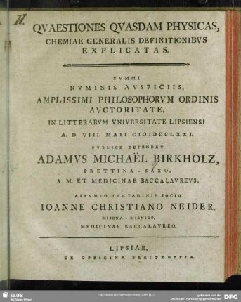 Quaestiones Quasdam Physicas, Chemiae Generalis Definitionibus Explicatas