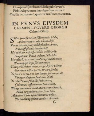In Funus Eiusdem Carmen Lugubre Georgii Calamini Silesii.